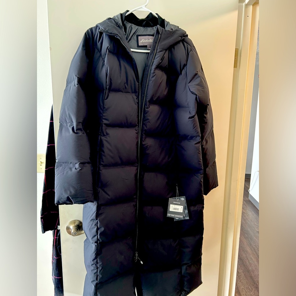 Black Down with hood jacket NWT Eddie Bauer 650 FP size L